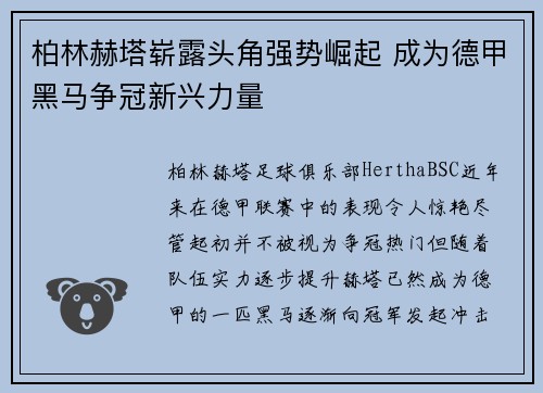柏林赫塔崭露头角强势崛起 成为德甲黑马争冠新兴力量