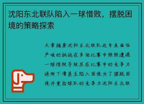 沈阳东北联队陷入一球惜败，摆脱困境的策略探索