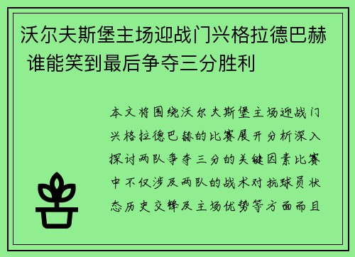 沃尔夫斯堡主场迎战门兴格拉德巴赫 谁能笑到最后争夺三分胜利