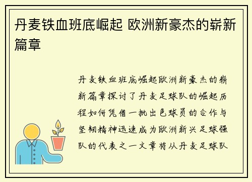 丹麦铁血班底崛起 欧洲新豪杰的崭新篇章