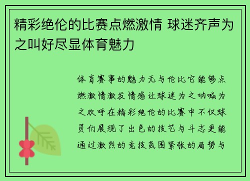 精彩绝伦的比赛点燃激情 球迷齐声为之叫好尽显体育魅力