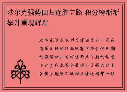 沙尔克强势回归连胜之路 积分榜渐渐攀升重现辉煌